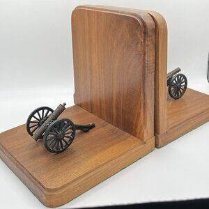 Vintage Mid Century Military Wooden Bookends w/ Metal Cannon Figurines MCM